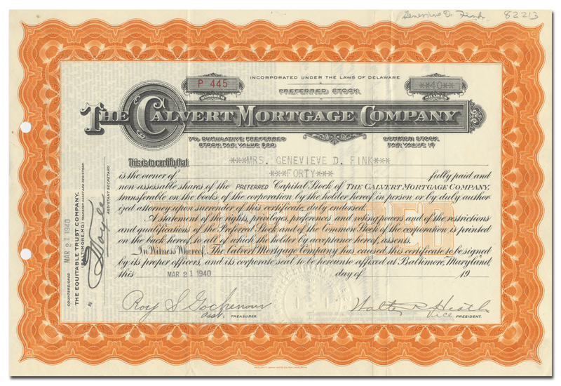 Calvert Mortgage Company Stock Certificate
