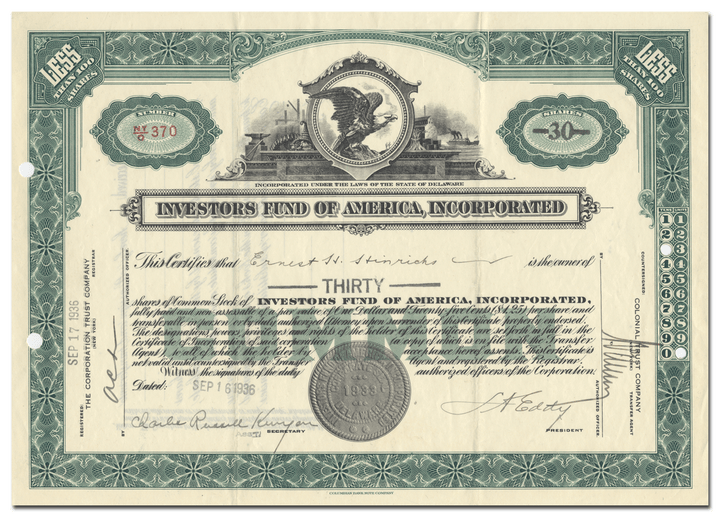 Investors Fund of America, Incorporated Stock Certificate