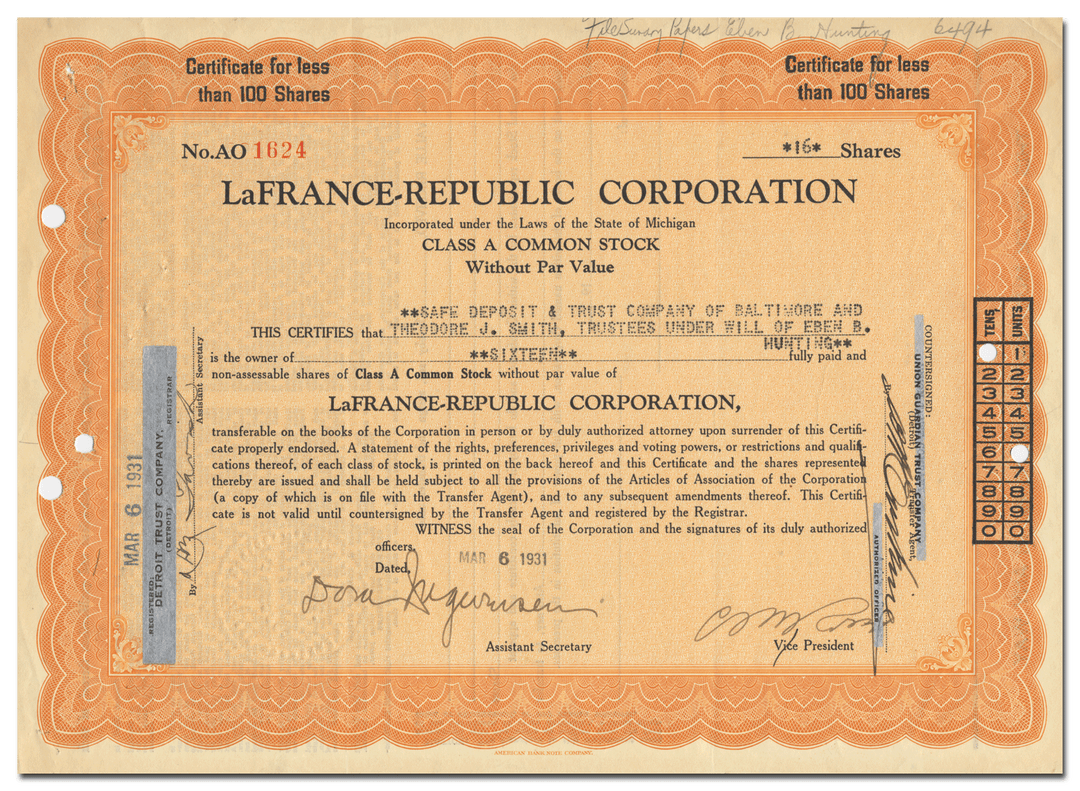 LaFrance-Republic Corporation Stock Certificate