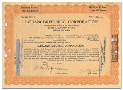 LaFrance-Republic Corporation Stock Certificate