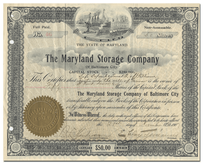 Maryland Storage Company Stock Certificate