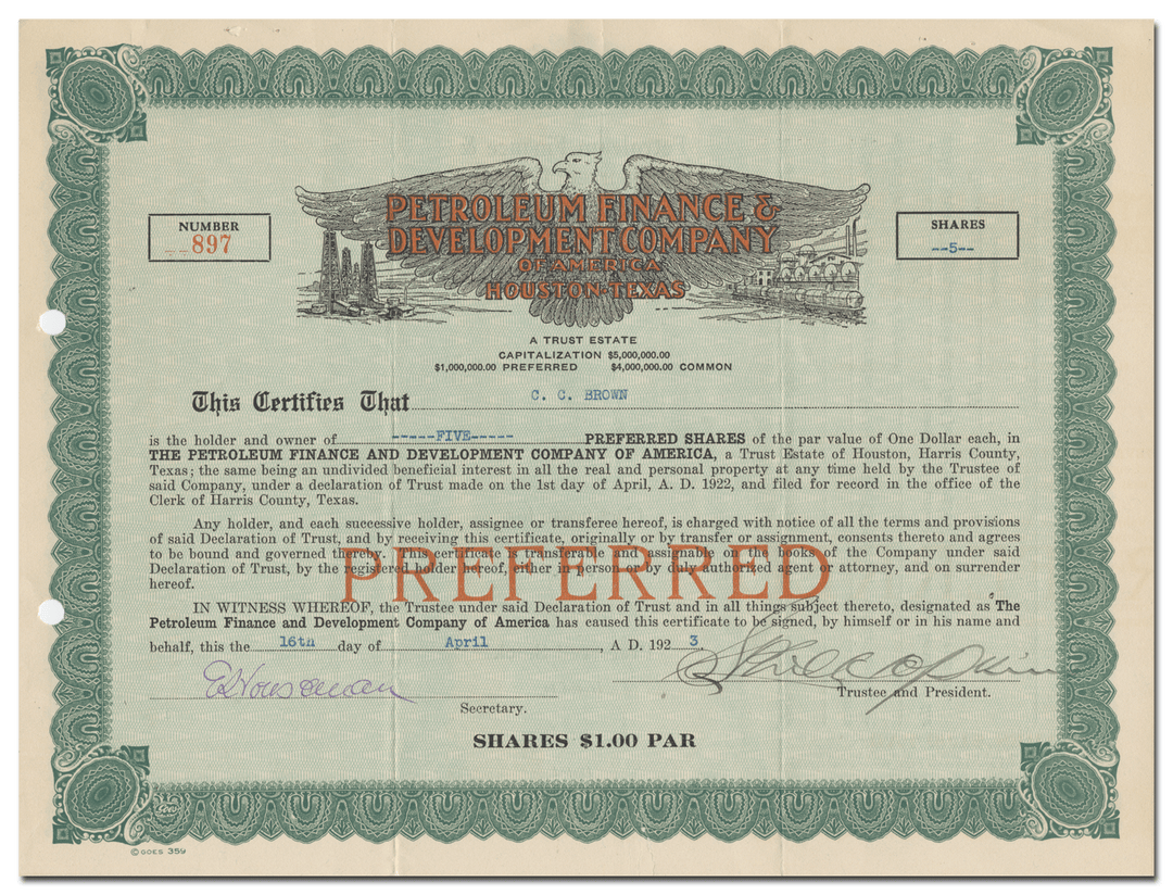 Petroleum Finance & Development Company of America Stock Certificate