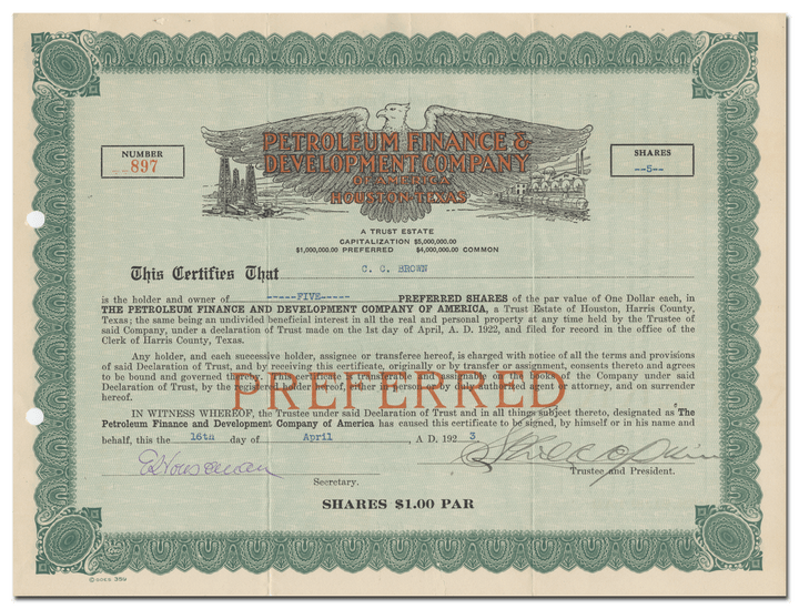 Petroleum Finance & Development Company of America Stock Certificate