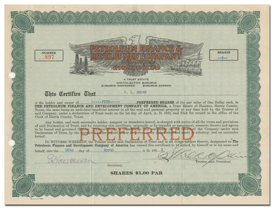 Petroleum Finance & Development Company of America Stock Certificate