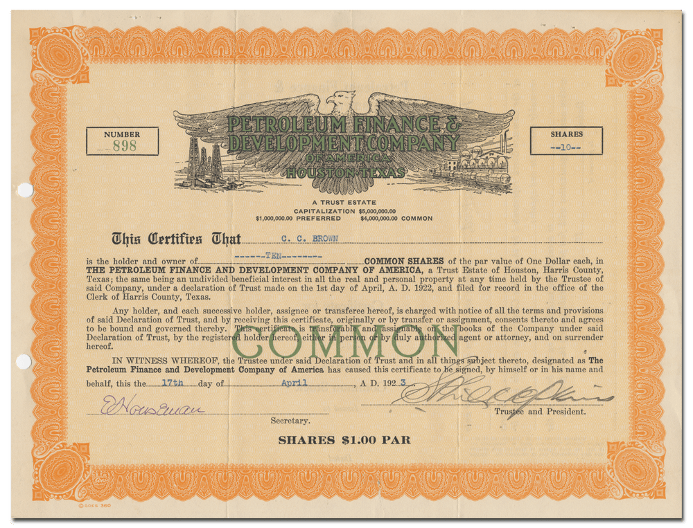 Petroleum Finance & Development Company of America Stock Certificate