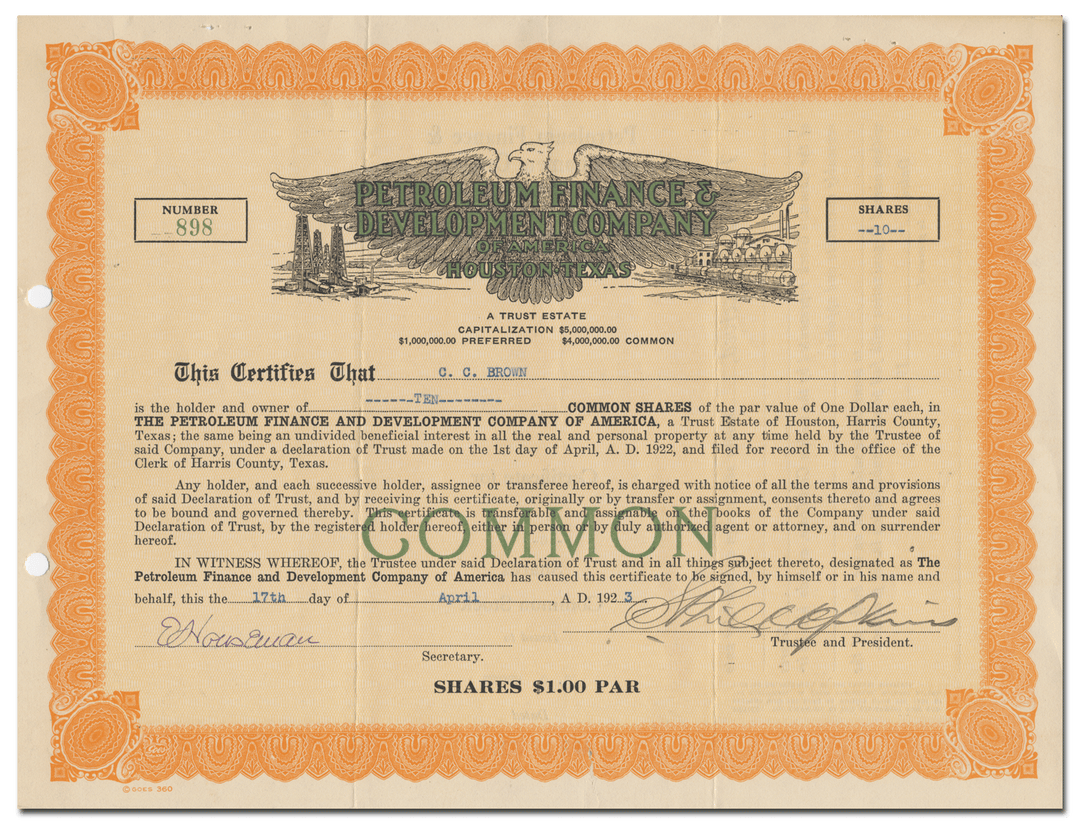 Petroleum Finance & Development Company of America Stock Certificate