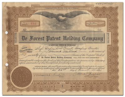 De Forest Patent Holding Company Stock Certificate