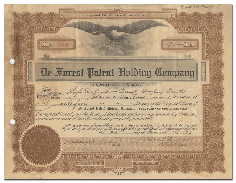 De Forest Patent Holding Company Stock Certificate