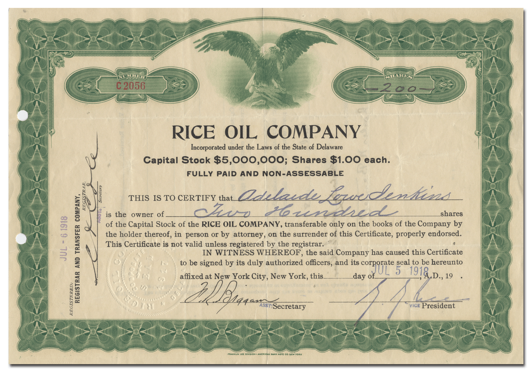 Rice Oil Company Stock Certificate