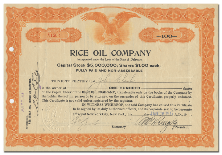 Rice Oil Company Stock Certificate