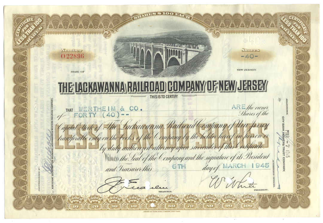 Lackawanna Railroad Company of New Jersey Stock Certificate