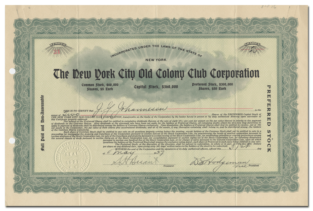 New York City Old Colony Club Corporation Stock Certificate