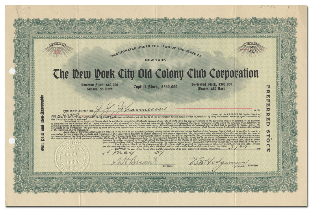 New York City Old Colony Club Corporation Stock Certificate