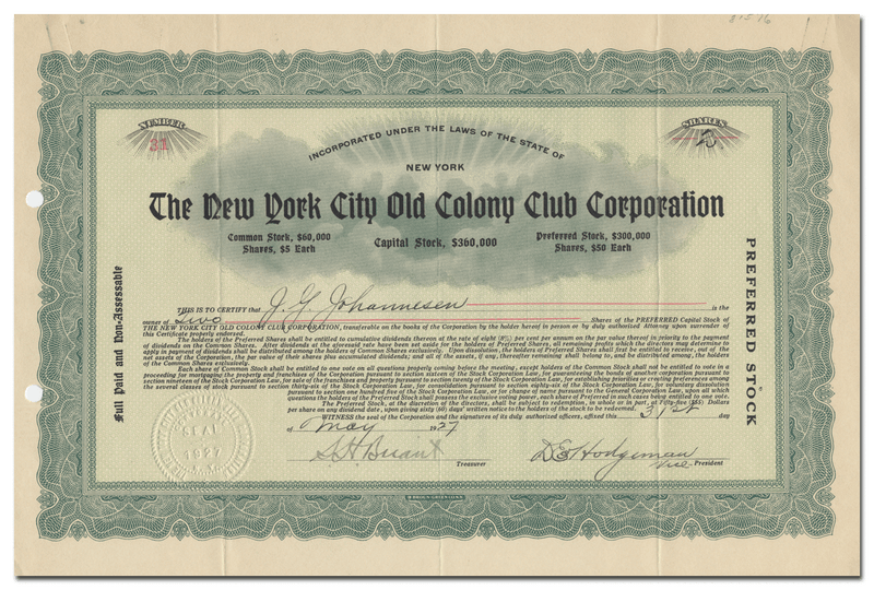 New York City Old Colony Club Corporation Stock Certificate