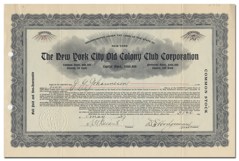 New York City Old Colony Club Corporation Stock Certificate