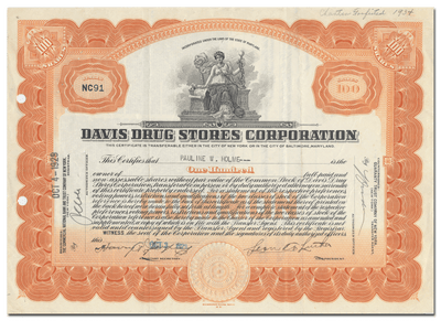 Davis Drug Stores Corporation Stock Certificate