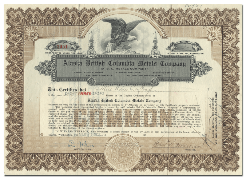 Alaska British Columbia Metals Company Stock Certificate