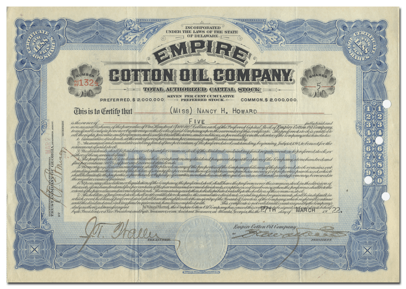 Empire Cotton Oil Company Stock Certificate