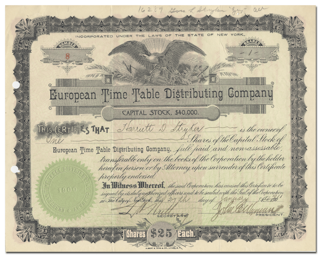 European Time Table Distributing Company Stock Certificate