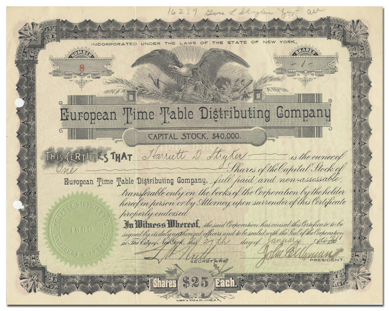 European Time Table Distributing Company Stock Certificate