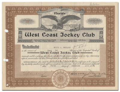 West Coast Jockey Club Stock Certificate