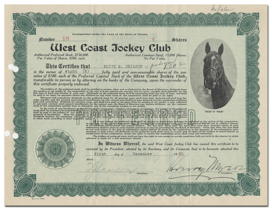 West Coast Jockey Club Stock Certificate