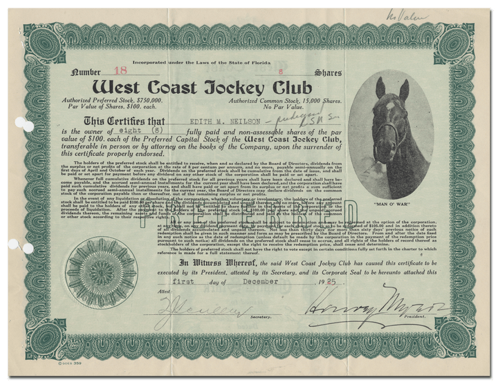 West Coast Jockey Club Stock Certificate