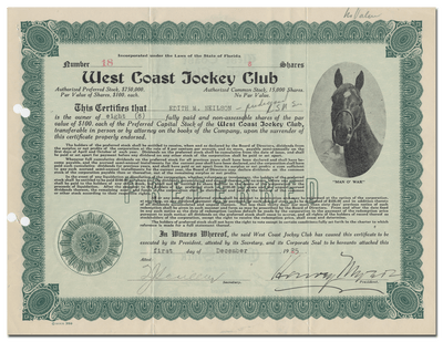 West Coast Jockey Club Stock Certificate