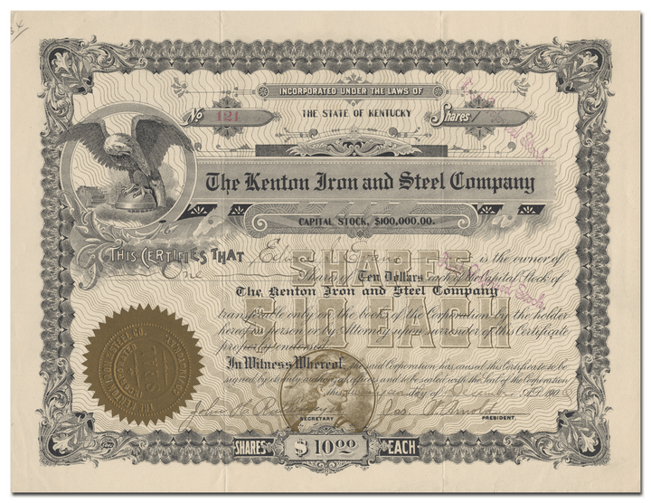 Kenton Iron and Steel Company Stock Certificate