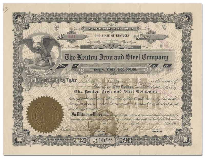 Kenton Iron and Steel Company Stock Certificate