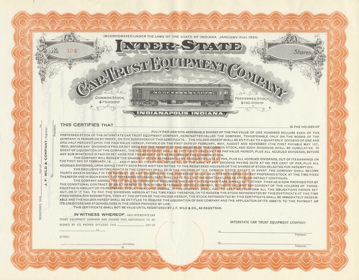 Inter-State Car Trust Equipment Company Stock Certificate