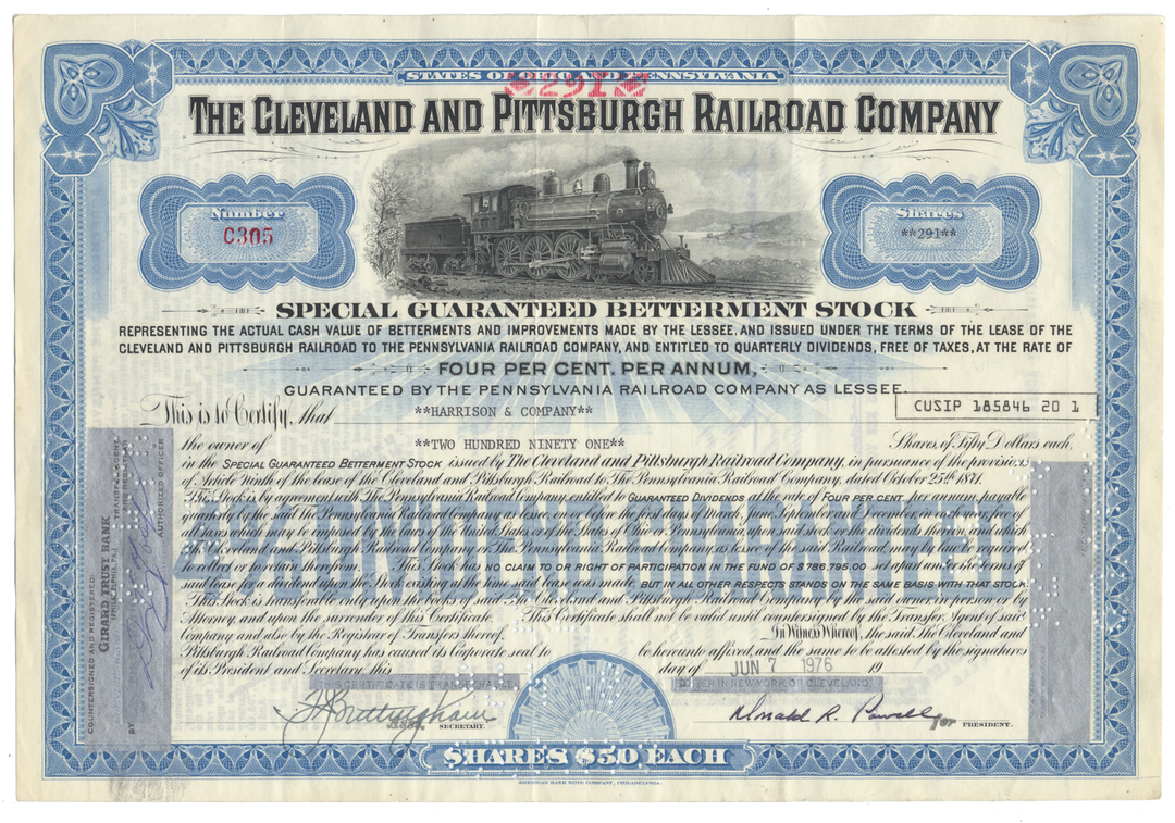 Cleveland and Pittsburgh Railroad Company Stock Certificate