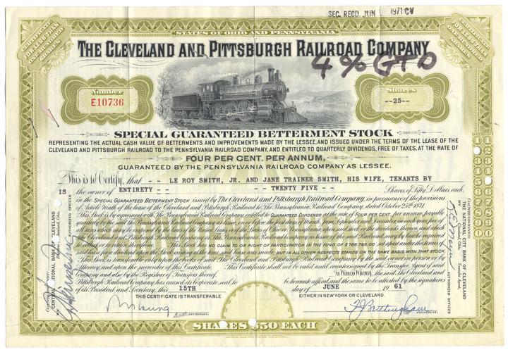 Cleveland and Pittsburgh Railroad Company Stock Certificate