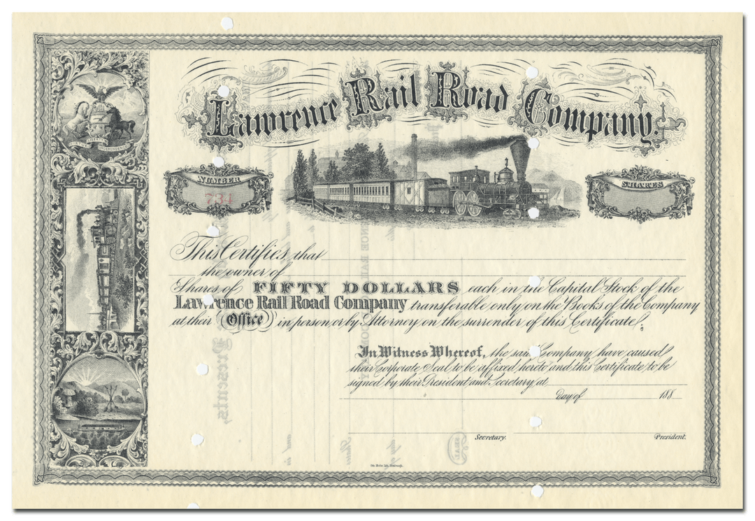 Lawrence Rail Road Company Stock Certificate