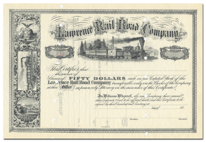 Lawrence Rail Road Company Stock Certificate