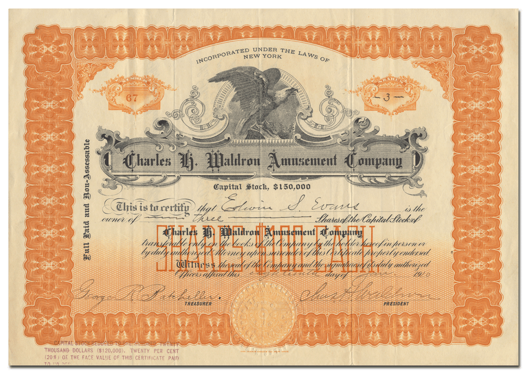 Charles H. Waldron Amusement Company Stock Certificate