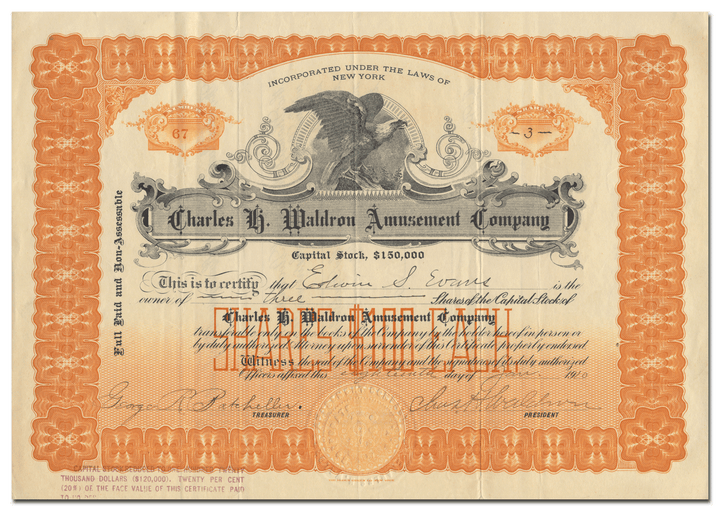 Charles H. Waldron Amusement Company Stock Certificate