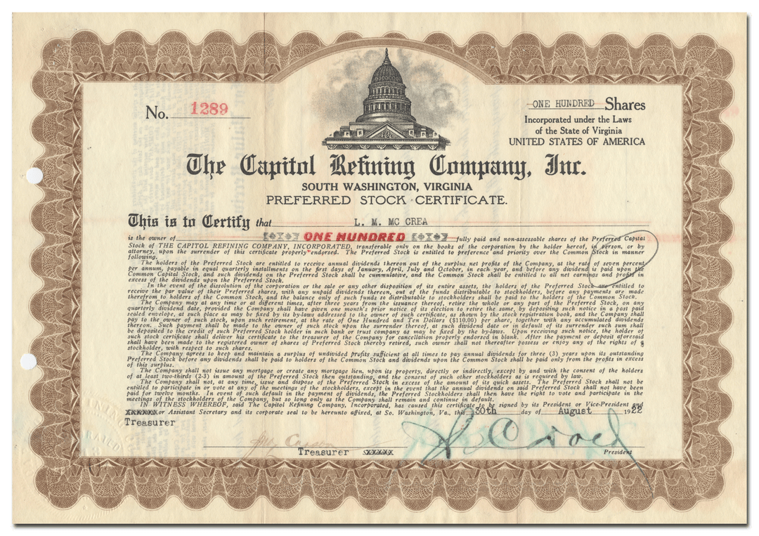 Capitol Refining Company, Inc. Stock Certificate