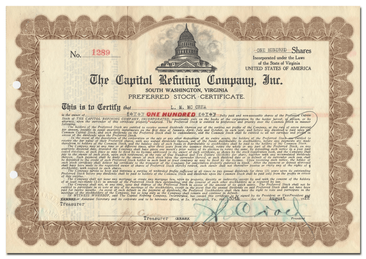 Capitol Refining Company, Inc. Stock Certificate