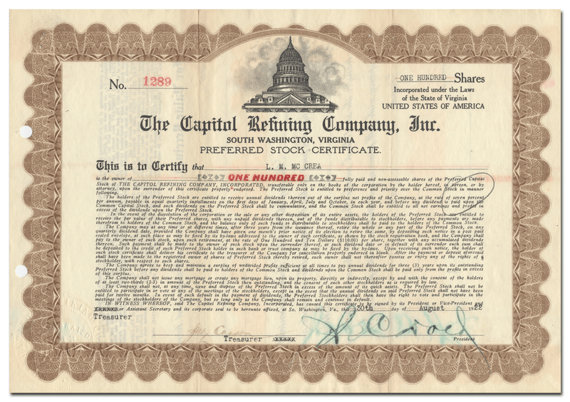 Capitol Refining Company, Inc. Stock Certificate