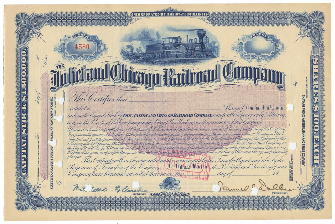 Joliet and Chicago Railroad Company Stock Certificate