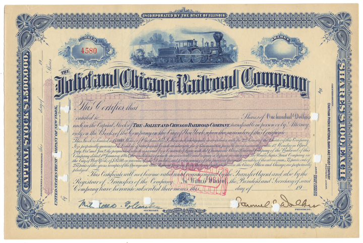 Joliet and Chicago Railroad Company Stock Certificate