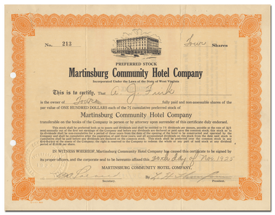 Martinsburg Community Hotel Company Stock Certificate