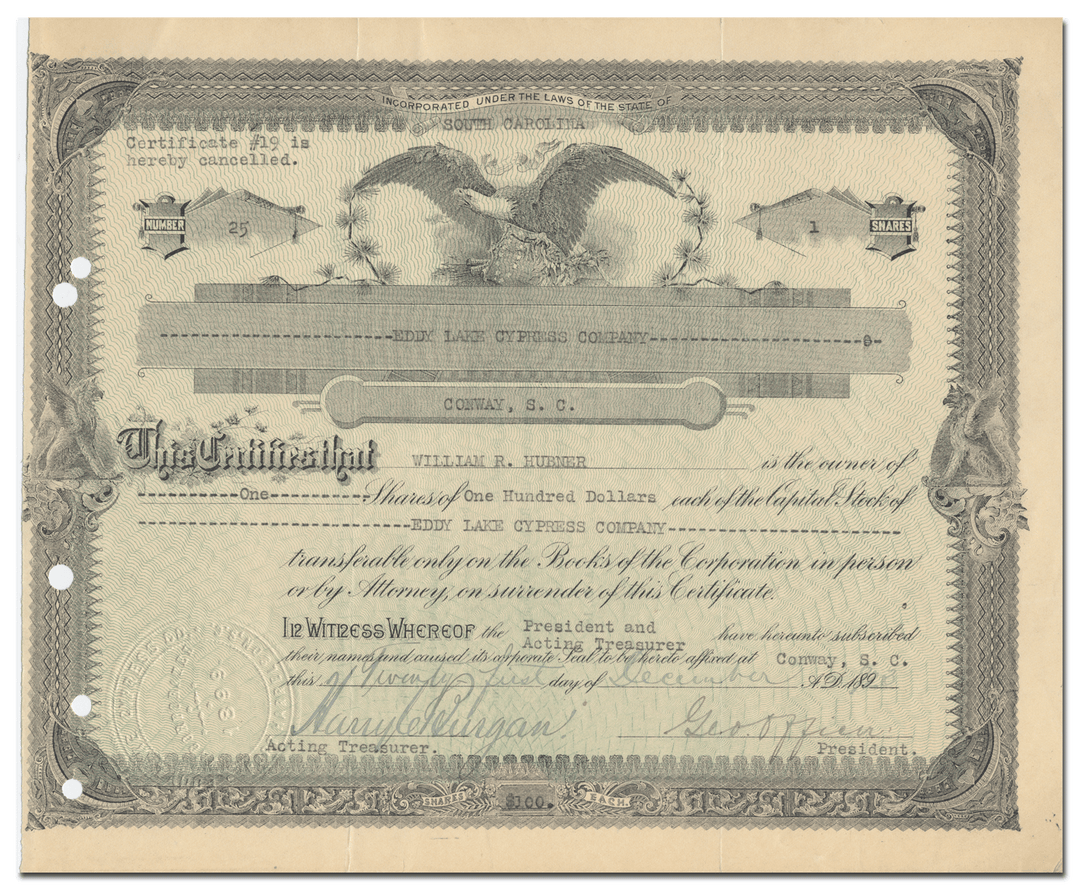 Eddy Lake Cypress Company Stock Certificate