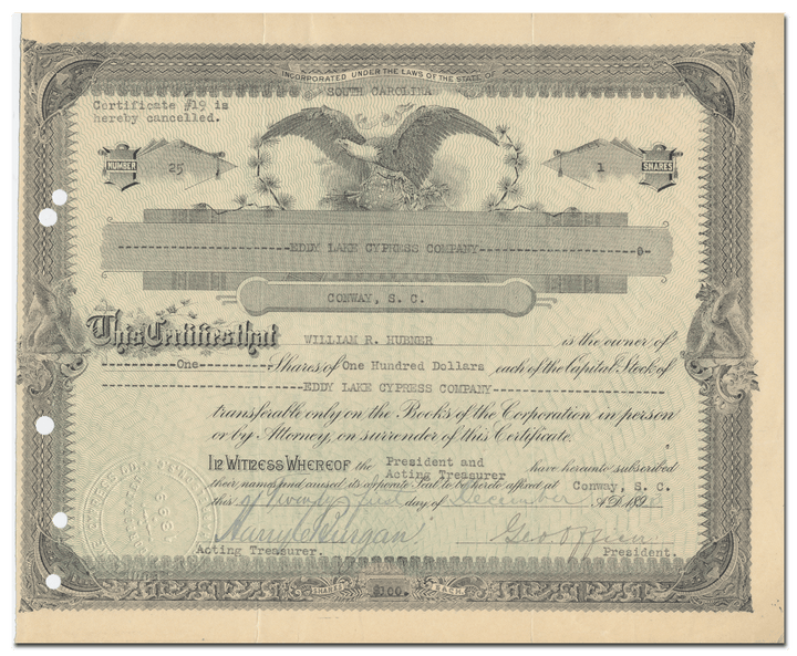 Eddy Lake Cypress Company Stock Certificate