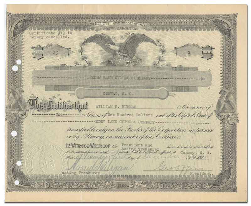 Eddy Lake Cypress Company Stock Certificate
