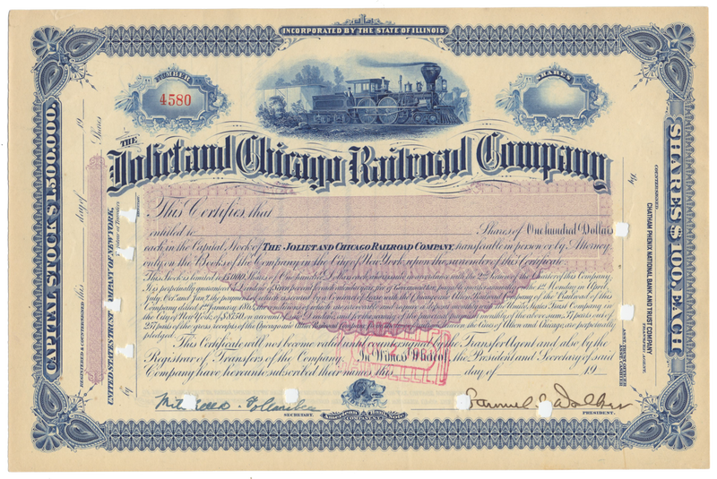Joliet and Chicago Railroad Company Stock Certificate