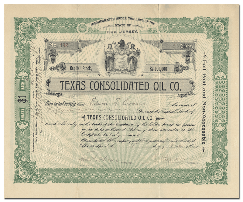 Texas Consolidated Oil Co. Stock Certificate