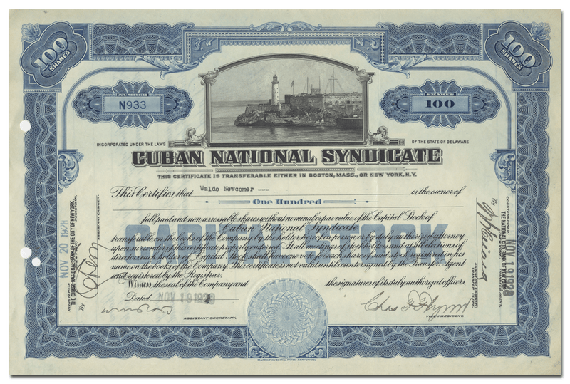 Cuban National Syndicate Stock Certificate