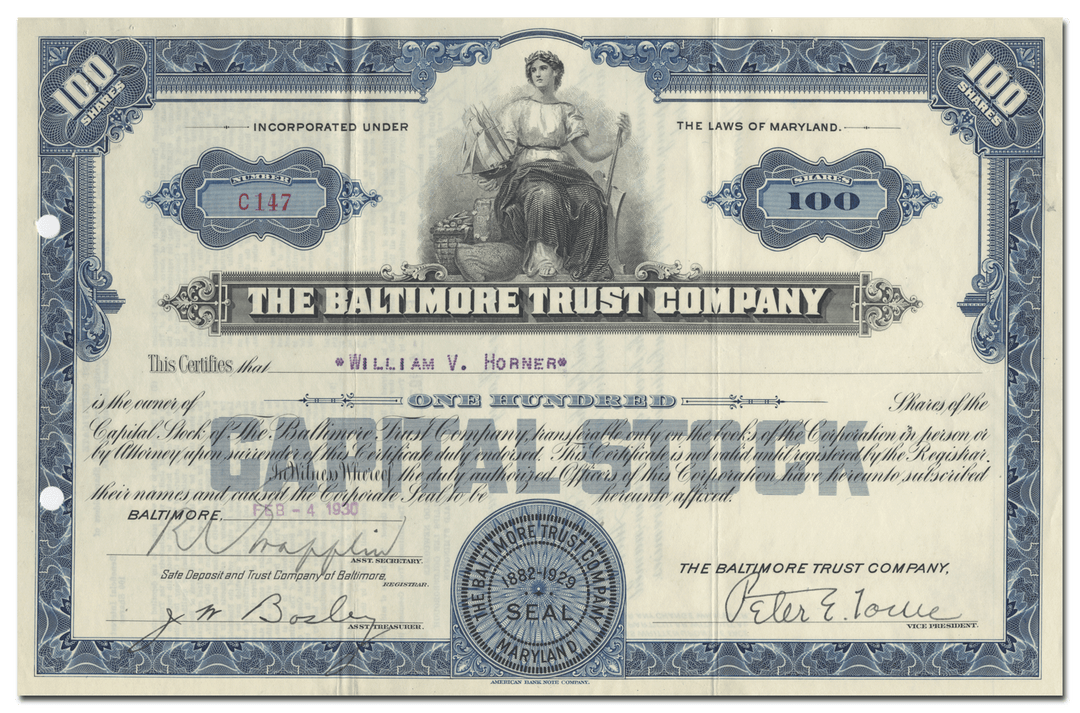 Baltimore Trust Company Stock Certificate